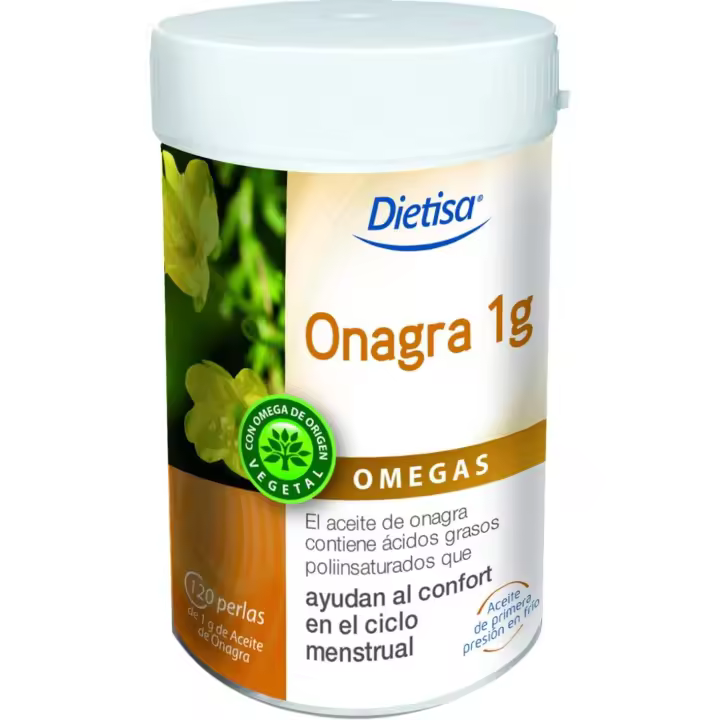 Dietisa - Complemento Alimenticio Aceite de Onagra y Vitamina E - Participa en la Regulación del Ciclo Femenino y la Reducción de los Síntomas del Síndrome Premenstrual - 120 Perlas - 1