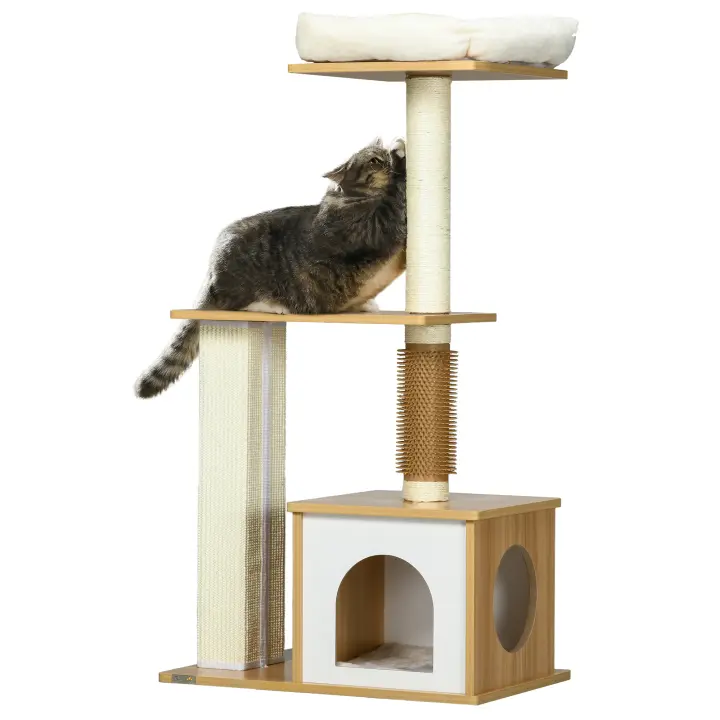 PawHut Rascador para gatos de 114 cm de alto, árbol trepador de varios niveles con cama para gatos, cueva para gatos, muebles para gatos con columna de cosquillas, rascador para gatos de hasta 5 kg, roble - 1