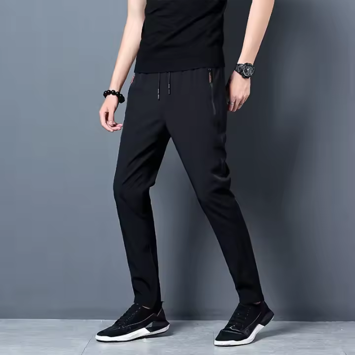 Pantalones Casuales Para Hombre Cintura Elástica Ajustados Algodón Ligero Estilo Coreano Azul Negro Gris Talla Grande - 1