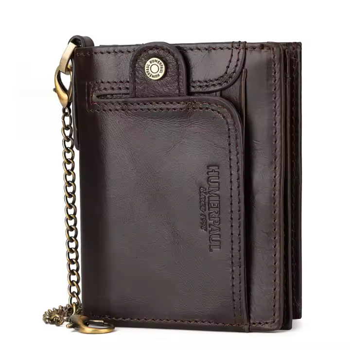 Cartera Hombre Cuero with Monedero Billetera Hombre with RFID Bloqueo Billeteras Bifold Hombres Monedero Hombre Pequeño with Cremallera 14 Ranaduras para Tarjetas Carteras para Hombre with Cadena - 1