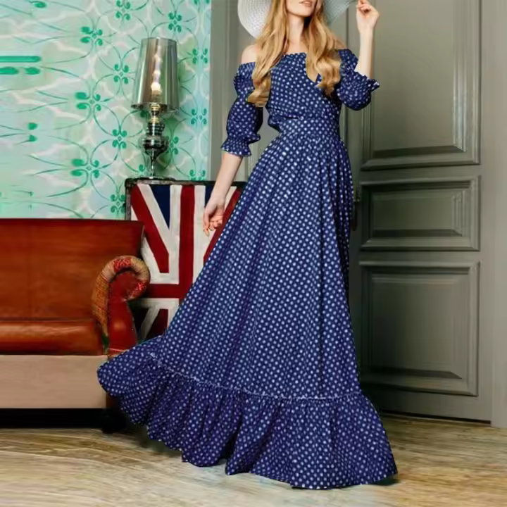 VONDA Vestido Bohemio Para Mujer Con Puntos Maxi Verano Hombros Descubiertos Largo De Manga Media Casual Suéter Estampado Fiesta - 1