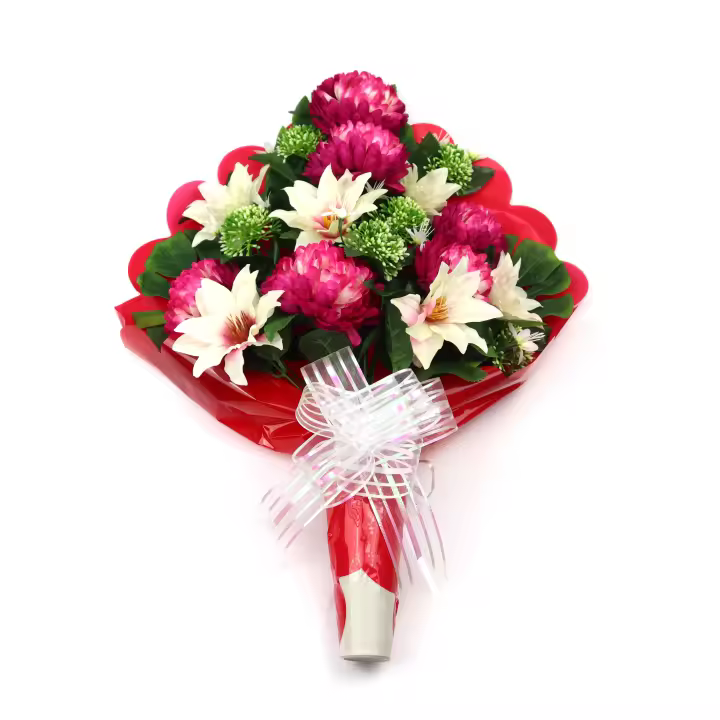 Ramo de Flores Artificiales de Tela para Cementerio arcoirsl - Composición de Crisantemo rosa - Medidas 70 x 50 cm aprox - Ideal para Todos los Santos - Resistente a Intemperie y Duradero - Disponible con Envoltorio en Varios Colores - 1