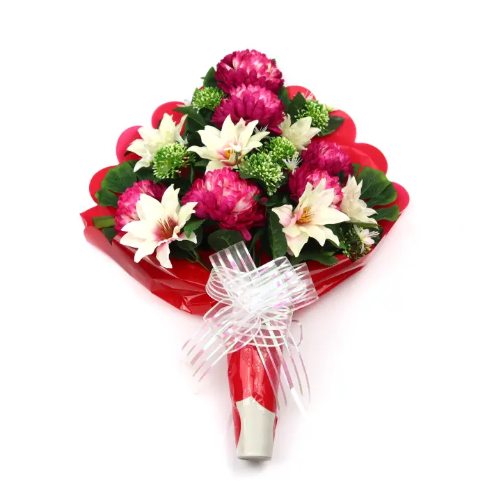Ramo de Flores Artificiales de Tela para Cementerio arcoirsl - Composición de Crisantemo rosa - Medidas 70 x 50 cm aprox - Ideal para Todos los Santos - Resistente a Intemperie y Duradero - Disponible con Envoltorio en Varios Colores - 1