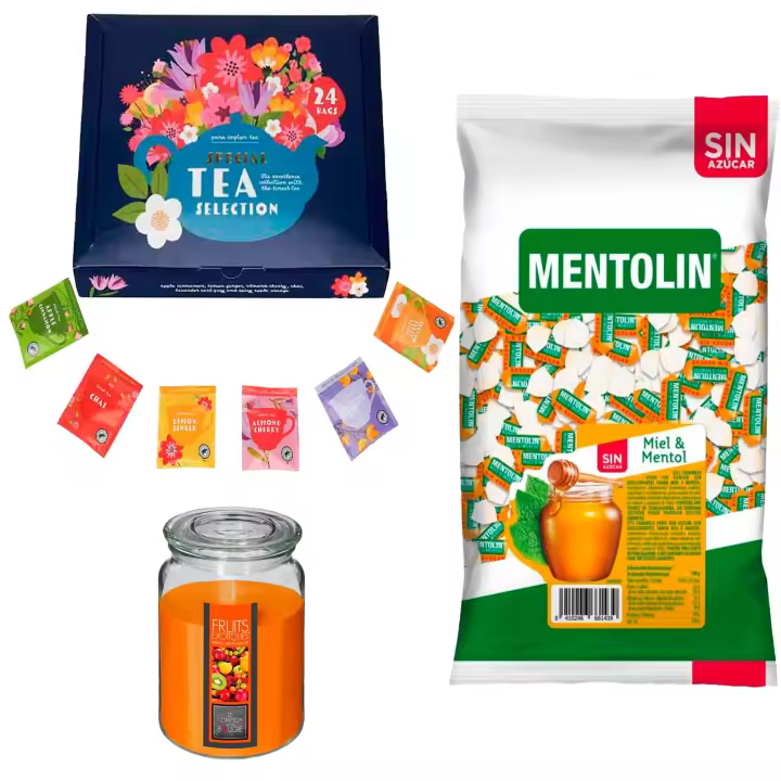 Pack surtido: MENTOLIN MIEL MENTOL S/A BOLSA 1KG + Vela de Frutas Exóticas 510g  + Set de Te con 24 bolsitas con diferentes sabores y aromas - 1
