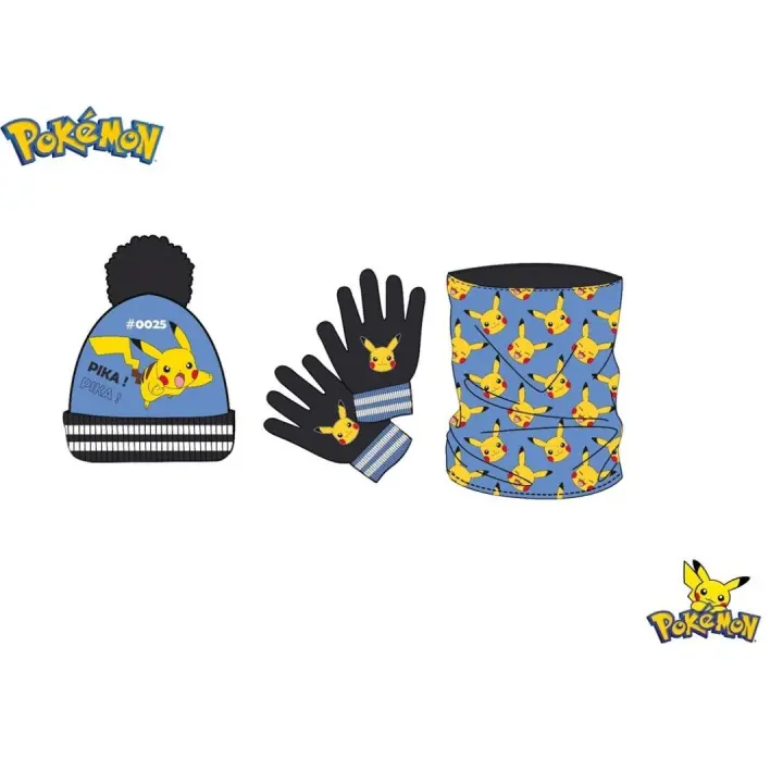 POKEMON Set gorro con pompón, braga cuello y guantes de Pokemon para abrigar a tus niños con su personaje favorito. - 1