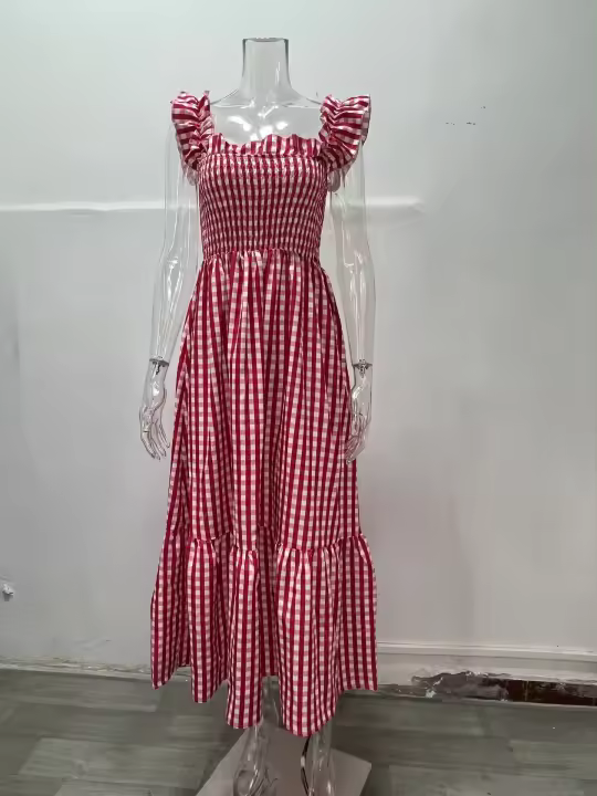 Vestido Elegante De Verano Para Mujer Con Patrón De Cuadros Y Suspensión Elástica Ajuste Suave Sin Mangas Cuello Abierto Longitud Hombro a Tobillo - 1