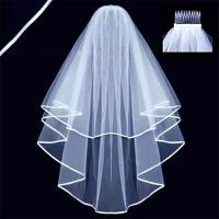 Velo De Novia En Blanco O Blanco Con Borde De Cinta 2 Capas Cascada Centro Con Peine Para Fiesta De Soltera - details 1