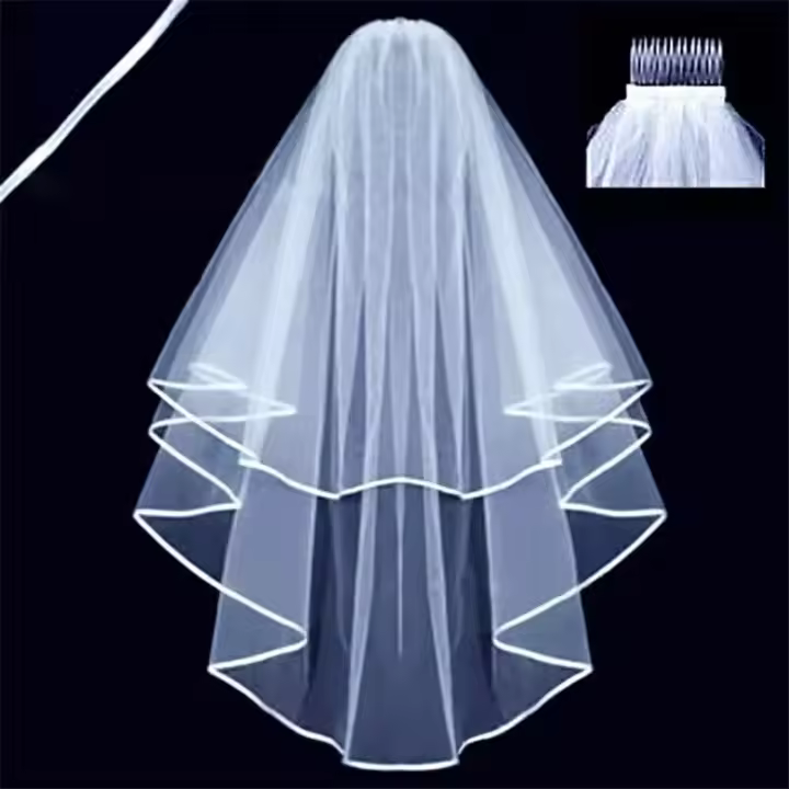 Velo De Novia En Blanco O Blanco Con Borde De Cinta 2 Capas Cascada Centro Con Peine Para Fiesta De Soltera - 1