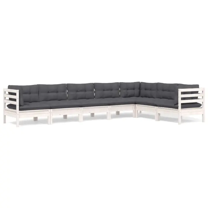 vidaXL Muebles de jardín 7 pzas y cojines blanco madera maciza de pino - 1