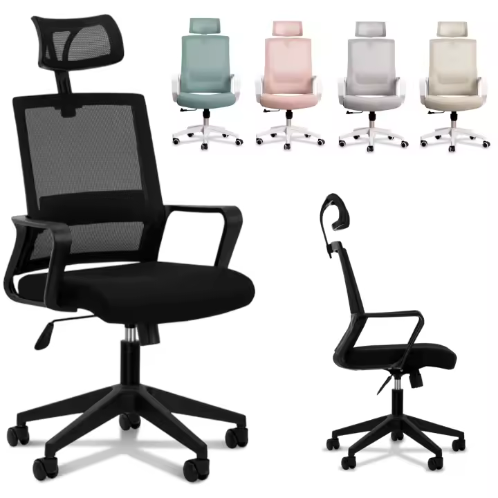 Silla Escritorio Ergonomica - Silla Oficina Ajustable y Reclinable con Soporte Lumbar, Reposacabezas Ajustable, Malla Transpirable, Ruedas Giratorias 360° Soporta hasta 100kg (Negro) - 1