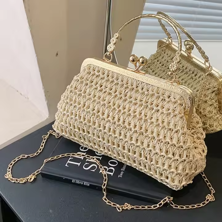 Bolso De Noche Elegante Para Mujer Con Cadena Dorada Bolso De Mano Tejido Manual Para Fiesta Banquete Clutch De Hombro Cruzado - 1