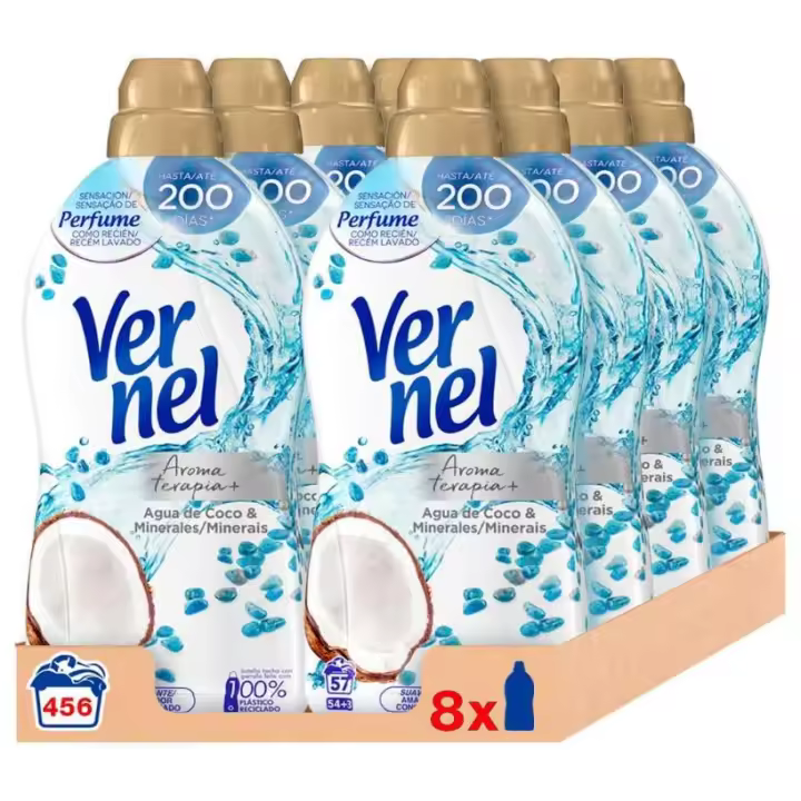 Vernel Suavizante Concentrado para la Ropa Aromaterapia Agua de Coco & Minerals 57D - Pack de 8 - 456 Lavados (10.4 L) - 1