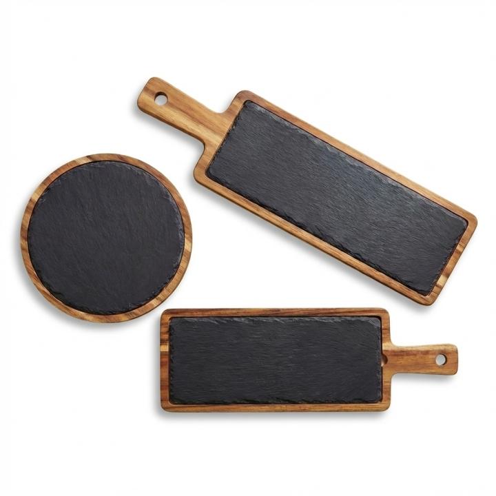 SANTA CLARA | Bandejas de Pizarra con Base y Mango de Madera Acacia (30x12x1,5cm, 40x12x1,5cm, 23cm Redonda), Fuentes de Servir Gourmet para Aperitivos, Quesos y Tapas, Set Pack 3, Bandejas Presentación para Hogar y Cocina