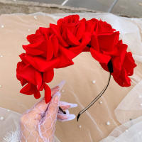 Diadema De Rosa Roja Brillante Accesorio Para El Cabello De Corola Para Mujeres Adorno Floral De Polyester Para Uso Casual - details 0