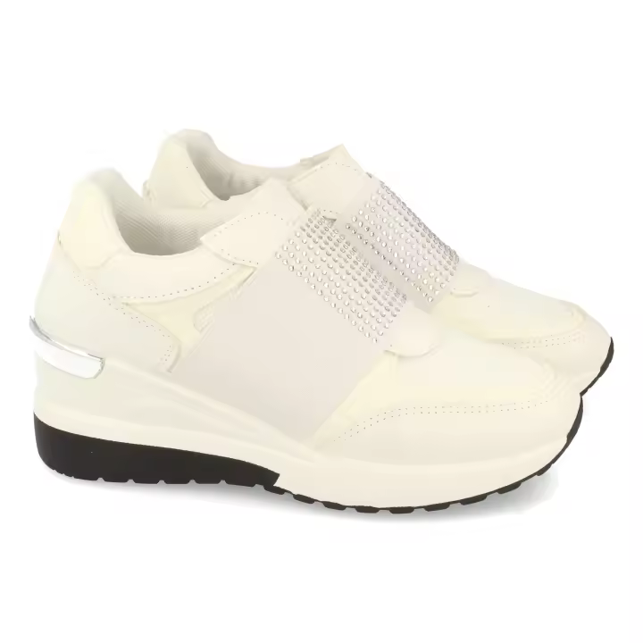 Davinia Shoes Zapatilla para Mujer, con Cuña, Tira Elastica con Strass en el Empeine, Otoño Invierno 2020 Shoes&Blues.es MY2708-Blanco - 1