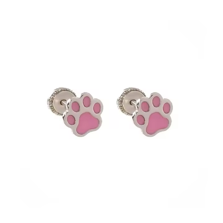 Inmaculada Romero Pendientes Plata Ley 925m Niña 6mm Huella Perro Rosa Esmaltada - 1
