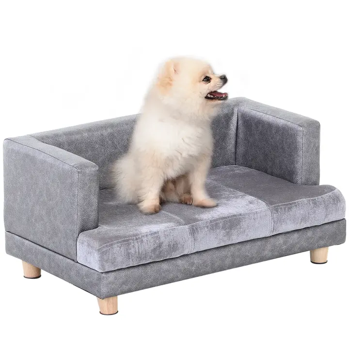 PawHut Sofá para Perros, Sofá para Mascotas, Cama para Perros, Alfombra para Perros, Piel sintética, Felpa Corta, Gris, 68 x 41 x 32 cm - 1
