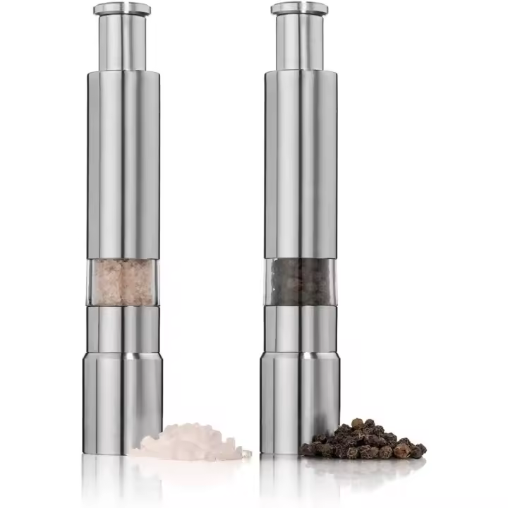 2 molinillos de sal y pimienta, de acero inoxidable con botones, y molinillos de pulgar de diseño moderno - 1