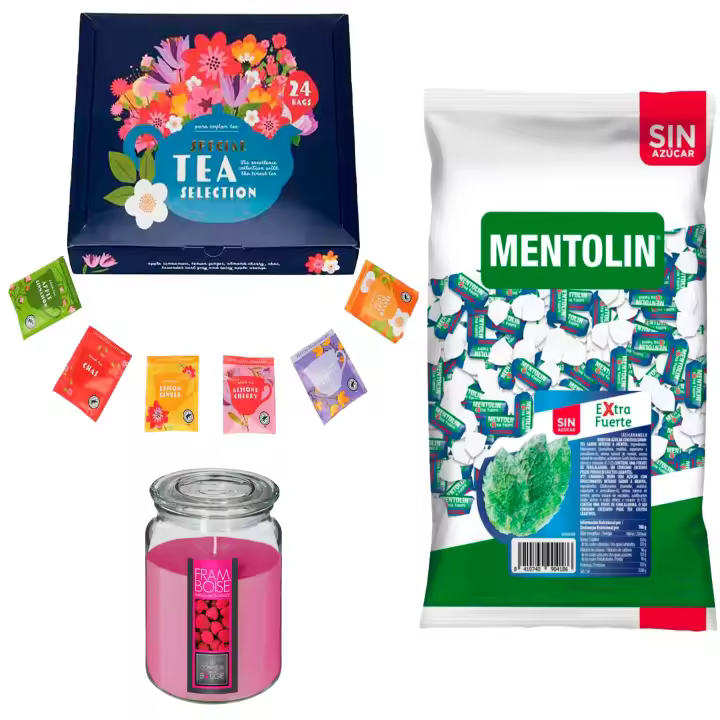 Lote respira: MENTOLIN EXTRA FUERTE S/A BOLSA 1KG + Vela perfumada de frambuesa + Set de Te con 24 bolsitas con diferentes sabores y aromas - 1