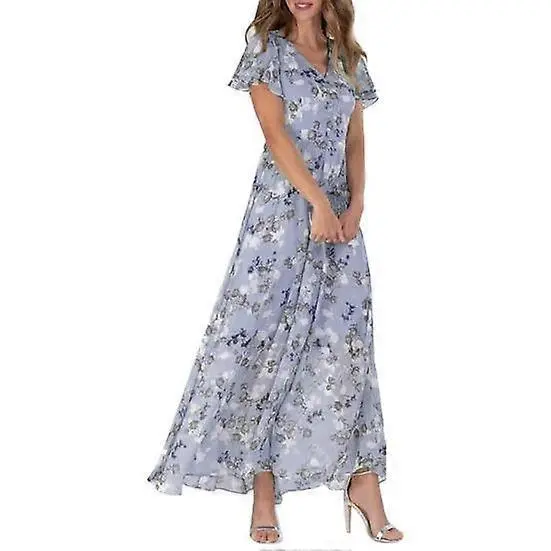 Cuello en V volantes de manga short Vestido Maxi Belt Apretada De High Belt Flowy dotladillo Dulce Vestido de Gasa con estampado floral ropa Femenina - 1