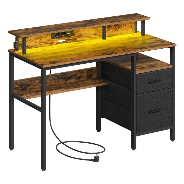 VASAGLE Escritorio con Cajones de Tela, Luces LED y Tomas Corriente Incorporadas, Estante para Monitor, Escritorio Esquinero, 2 Cajones, 2 Puertos USB, para Oficina Casa, Negro Ébano/Marrón Rústico - 1