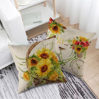 4Pcs Fundas Para Cojines De Lino Mezclado Decorativas Con Estampado De Girasoles Y Cestas De Flores Frescas Y Bicicletas Estilo Otoño - details 4