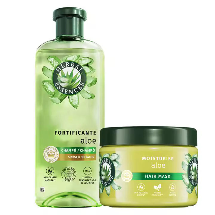 Herbal Essences Champú y mascarilla Fortificante Aloe Para Pelo Muy Seco. Hidrata. Limpieza Profunda. De Origen Natural. Y Aroma A Jazmín. Sin Siliconas. Sin Sulfatos. Vegano Ingredientes De La Fórmula Libre De Tensioactivos Sulfatados 350+500mlml - 1