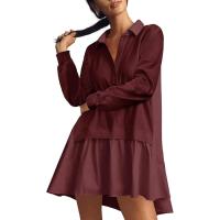 Vestido Mini De Estilo Perezoso Y Cómodo Con Botones Manga Larga Cuello En V Patchwork Casual Para Mujer Vestido Largo - details 2