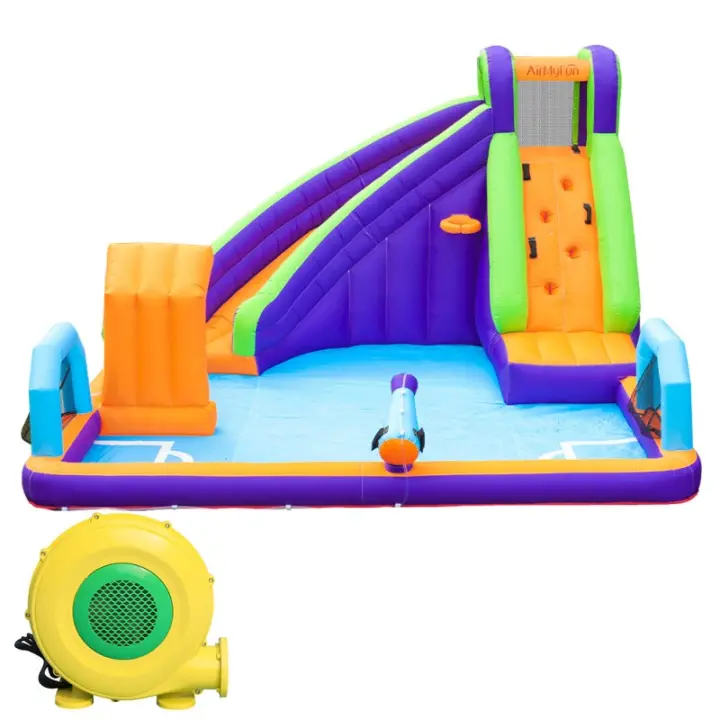 Castillo de agua hinchable Water Goal con tobogan, muro de escalada, porterías, aspersores de agua, castillo inflable de agua  con soplador incluido ideal para jardines o patios - 1