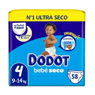 Dodot Bebé-Seco Talla 4 (9-14 kg) 58 Pañales – Sequedad Duradera y Protección Anti Fugas - 1