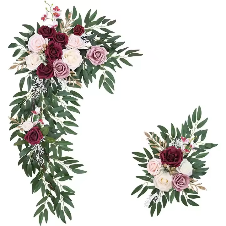 Arco de flores artificiales para decoración de bodas, 2 piezas, arreglos de flores rosas (rojo) - 1