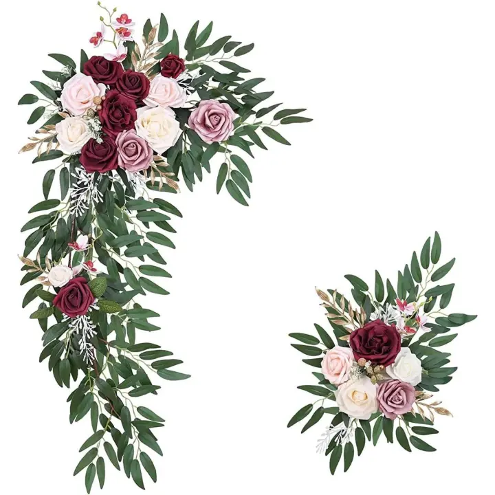 Arco de flores artificiales para decoración de bodas, 2 piezas, arreglos de flores rosas (rojo) - 1