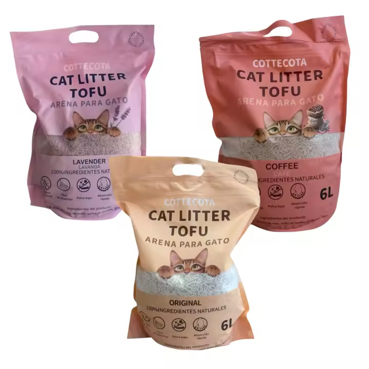 COTTECOTA - Surtido Arena Tofu para Gatos 6 L Vainilla Lavanda Café Tofu ecológico Vegetal, Lecho natural para Gatos Libre de Polvo Arena Natural Aglomerante ,Arena para mascota vegetal absorvente , Arena de tofu para gatos antiolor y absorvente - 1