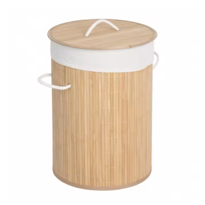 HOGUITA-Cesto de Bambú con Tapa para Ropa Sucia, Cubo Plegable para Colada de Lavandería con Asa de Cuerda, Cesta Redonda Plegable Ideal para el Hogar, Ropero de Bambú Funcional y Práctico para Organizar tu Espacio de Lavandería - 1