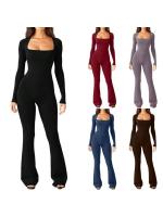 Traje De Yoga Para Mujer Con Manga Larga Cintura Ajustable Levantador De Caderas Neck Square Pierna Ancha Elástico Alto Jumpsuit Sin Costuras Material Poliéster - details 1