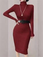 Vestido De Térmica Otoño Invierno Para Mujer Seoulish Con Cuello Alto Y Manga Larga Cinturado Estilo Elegante Oficina Longitud Rodilla Ajustado Bodycon - details 8