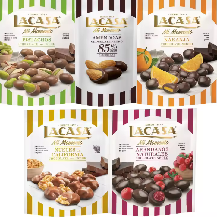 Lacasa Mi Momento pack de 5:Almendra 85% 65G,Arándano choco Negro 125G,Nueces Leche 115G,Naranja choco Negro 125G,Pistacho Leche 100G - 1
