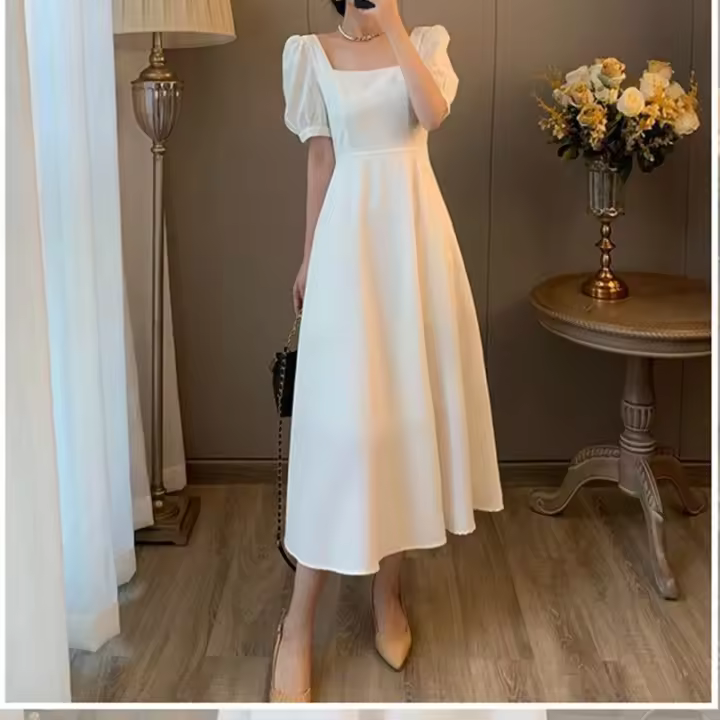 Vestido Rojo Elegante Para Mujer Con Manga Puff Cuello Cuadrado A-line Casual Vestido De Boda Suelto Para Playa Verano 2025 - 1