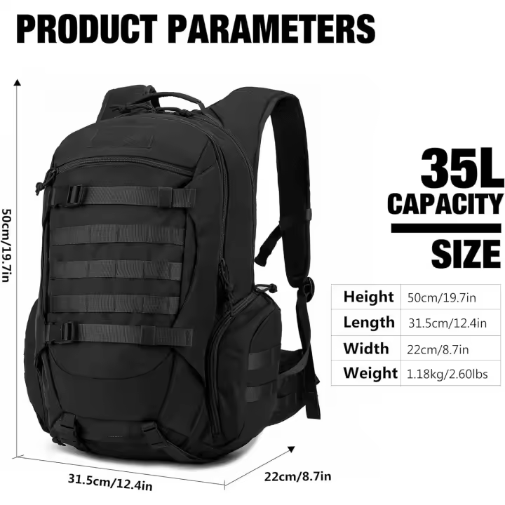 Mochila táctica de senderismo y rutas de montaña de 35 litros Prowalk , para excursiones de montañismo con sistema molle, EDC, con ajustes de pecho y cintura, unisex, versátil y impermeable muy confortable de llevar en tus aventuras - 1