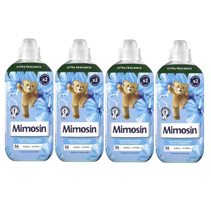 Mimosin Suavizante Concentrado Azul Vital 1008ml, Pack 4 x 56 Total 224 Lavados, Duración del Frescor x2, Fragancia intensa Floral y Afrutada con base de Sándalo, Ropa increíblemente suave, ayuda a reducir la estática y facilita el planchado - 1