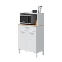 Meimon Mueble auxiliar de cocina 2 puertas y 1 cajón con hueco para microondas, estante interior, guías metálicas, patas aluminio blanco, tiradores ABS, tablero melaminizado TIPO E1, color Blanco Artik y Roble Canadian, medidas 126x72x40 cm, soporte 30 kg - details 1