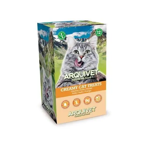 Premios para Gatos Snack Cremoso de Pollo para Gatos - Bolsa de 5 Sobres de 14g  (expositor de 12 bolsas con 5x14 g)  (60 Tubos) Comida húmeda para gatos Arquivet - 1