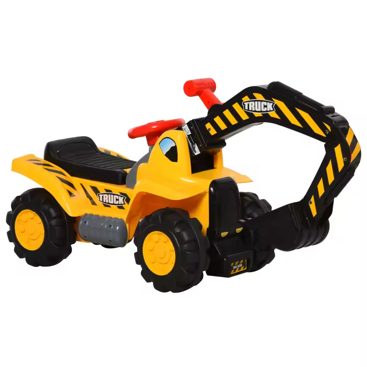 HOMCOM 4 en 1 Excavadora Juguete para Niños +18 Meses Tractor Infantil con Pala Caja Oculta de Almacenaje Aro de Baloncesto Volante Giratorio 98x30x46 cm Amarillo - 1