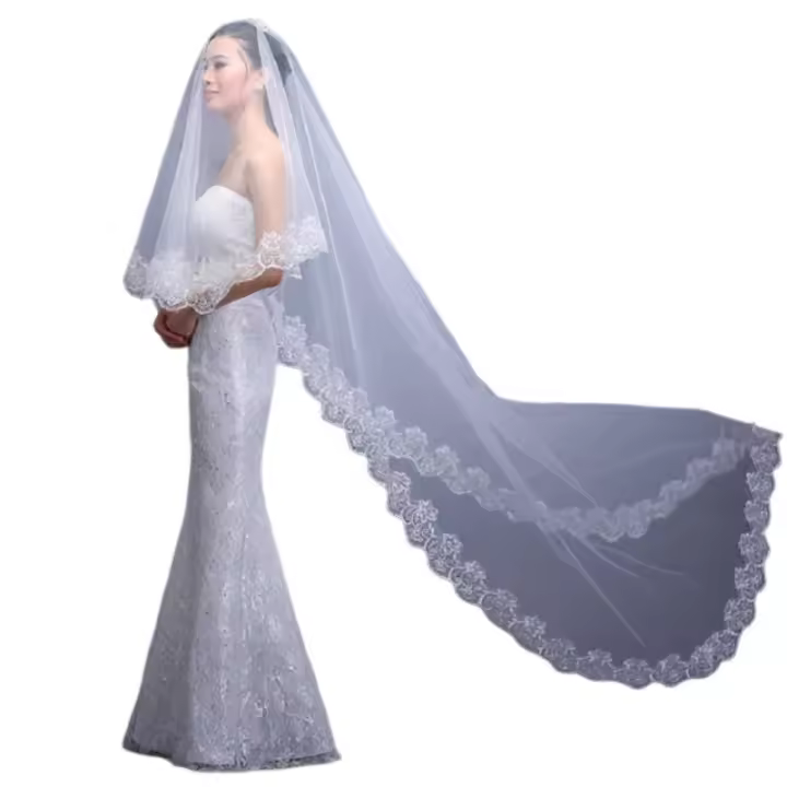 Velo De Novia Largo De 108'' 1 Capa Borde De Encaje Suave Tulle Para Bodas Baño De Flor De Loto Origin China Continental - 1
