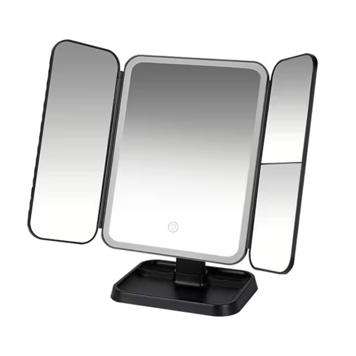 Espejo de maquillaje de tres pliegues con luz LED, espejo de maquillaje inteligente para dormitorio, luz de relleno, negro - 1