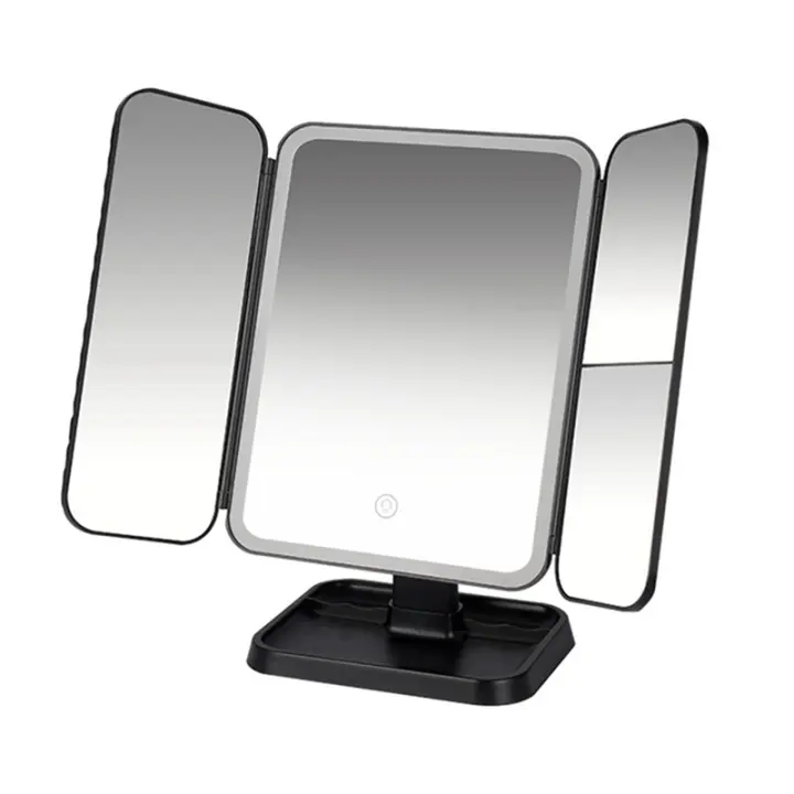 Espejo de maquillaje de tres pliegues con luz LED, espejo de maquillaje inteligente para dormitorio, luz de relleno, negro - 1