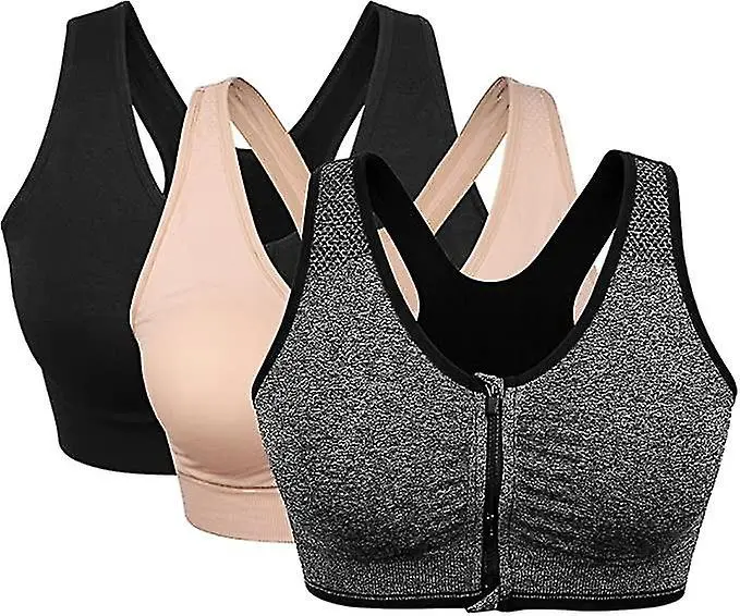 Paquete de 3 sujetadores deportivos para mujer con cremallera frontal, sin aros, cómodos, poscirugía, con almohadillas extraíbles - 1