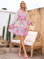 Vestido Elegante Para Mujer Con Manga Larga Y Cuello En V Estampado Con Cierre De Lazo Vestido Corto De Verano A-Line Regular Fit Polyester - details 9