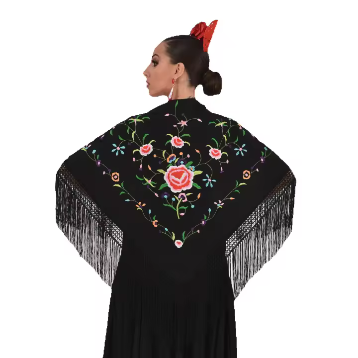 Mantón Mediano Negro con Bordado Multicolor - 1