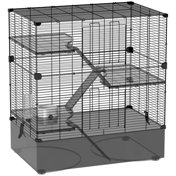 PawHut Jaula para Hurones de 4 Niveles con Bandeja Inferior Jaula para Roedores con Rampas Comedero y Bebedero Recinto para Chinchillas 73x47x80 cm Negro - 1